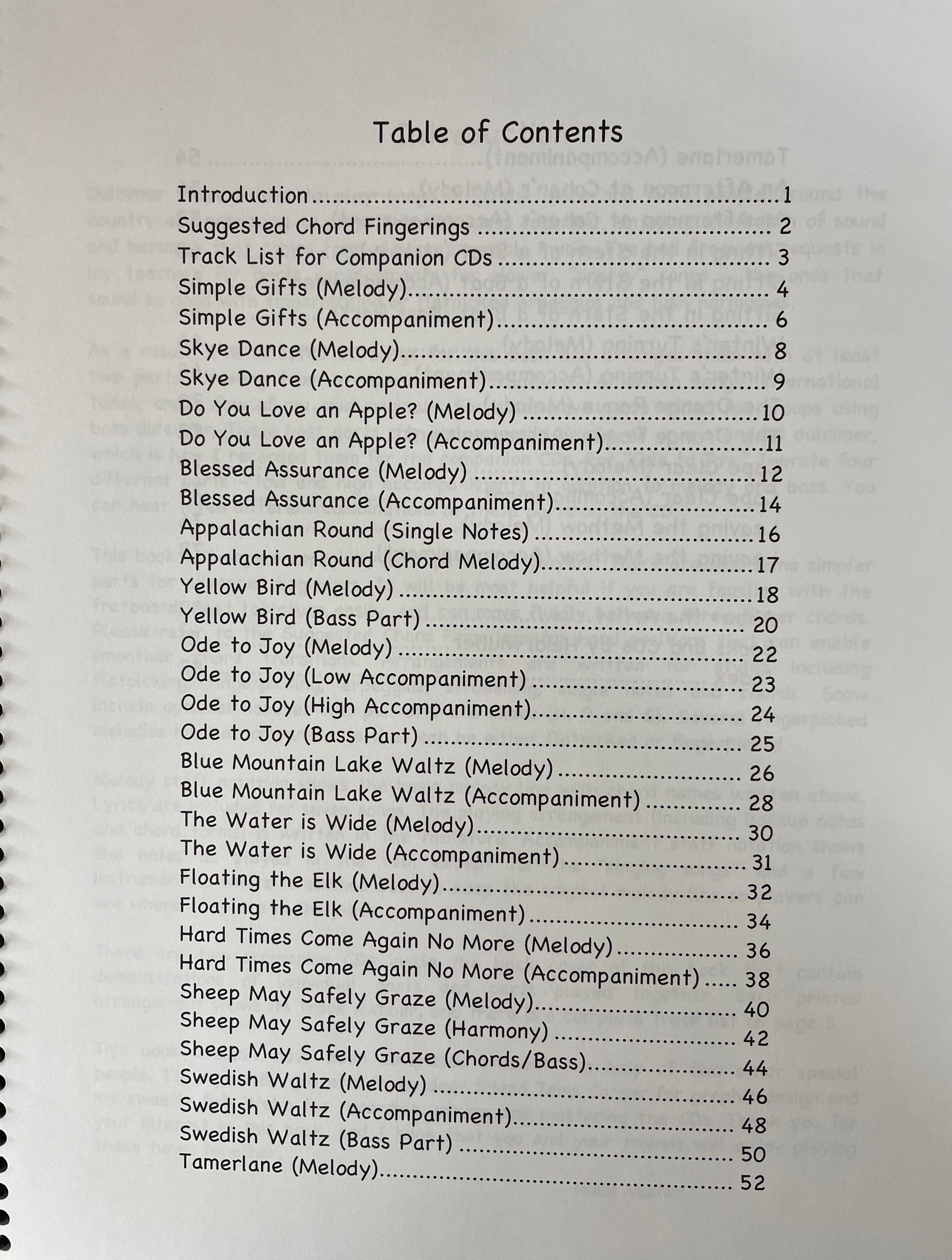 Table of contents for Dulcimer Duos - Book/CD by Heidi Muller showing titles of various pieces divided into categories like simple gifts (strummed melodies), appalachian spring, and fare thee well (dance).