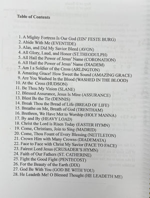 A list titled "Table of Contents" features 28 hymns including "A Mighty Fortress Is Our God," "Be Thou My Vision," and "Take My Life, and Let It Be," complete with musical notation in Hymns for the Beginning Mountain Dulcimer Player (DAD) by Tom Arnold.