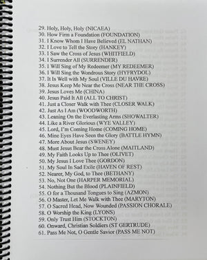 A printed list of 61 hymn titles, ranging from "Holy, Holy, Holy" to "Pass Me Not, O Gentle Savior," with musical notation and song numbers ranging from 29 to 61 from Hymns for the Beginning Mountain Dulcimer Player (DAD) by Tom Arnold.