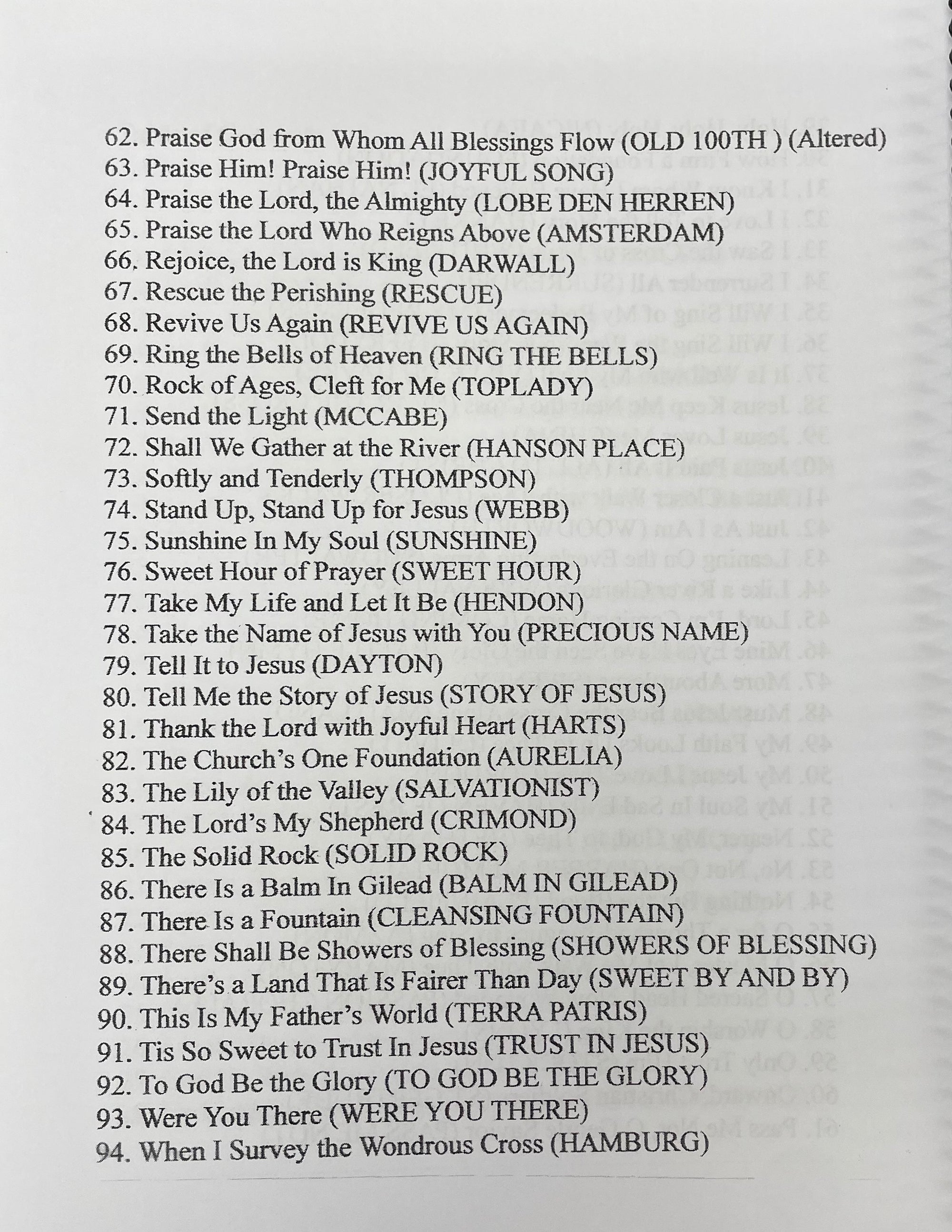 A typed list of hymn titles numbered 62 through 79, featuring classics like "Praise Him! Praise Him!" and "When I Survey the Wondrous Cross." The text, printed on white paper, includes **Hymns for the Beginning Mountain Dulcimer Player (DAD) by Tom Arnold** accompanied by musical notation.