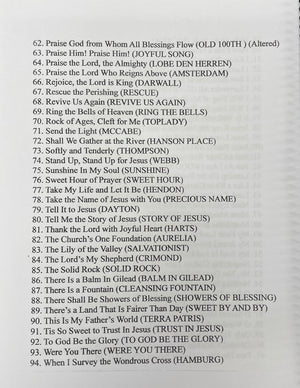 A typed list of hymn titles numbered 62 through 79, featuring classics like "Praise Him! Praise Him!" and "When I Survey the Wondrous Cross." The text, printed on white paper, includes **Hymns for the Beginning Mountain Dulcimer Player (DAD) by Tom Arnold** accompanied by musical notation.