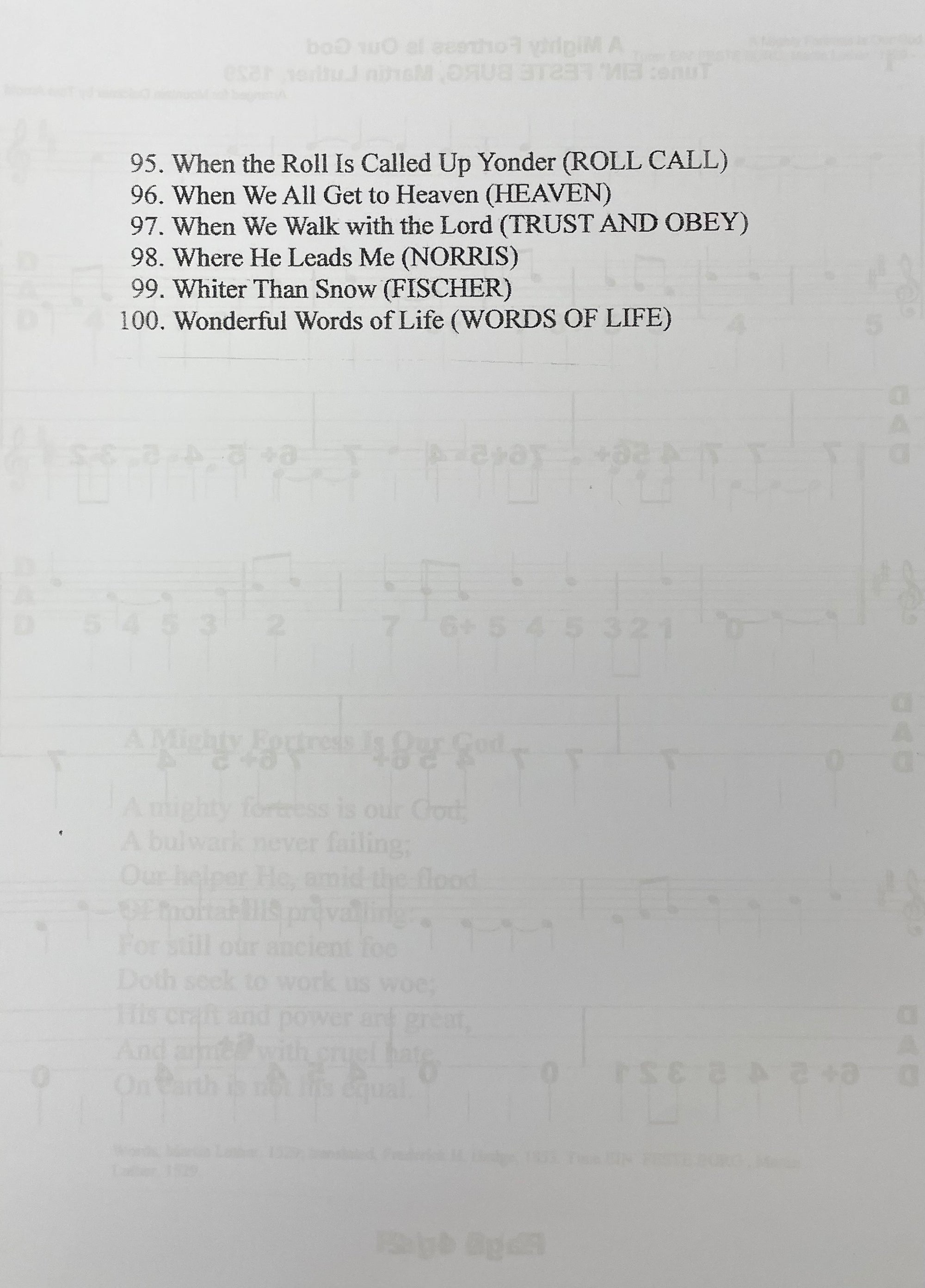 A hymn book page listing hymns numbered 95 to 100, including "When the Roll Is Called Up Yonder" and "Wonderful Words of Life." Musical notation is faintly visible in the background, reminiscent of Hymns for the Beginning Mountain Dulcimer Player (DAD) by Tom Arnold.