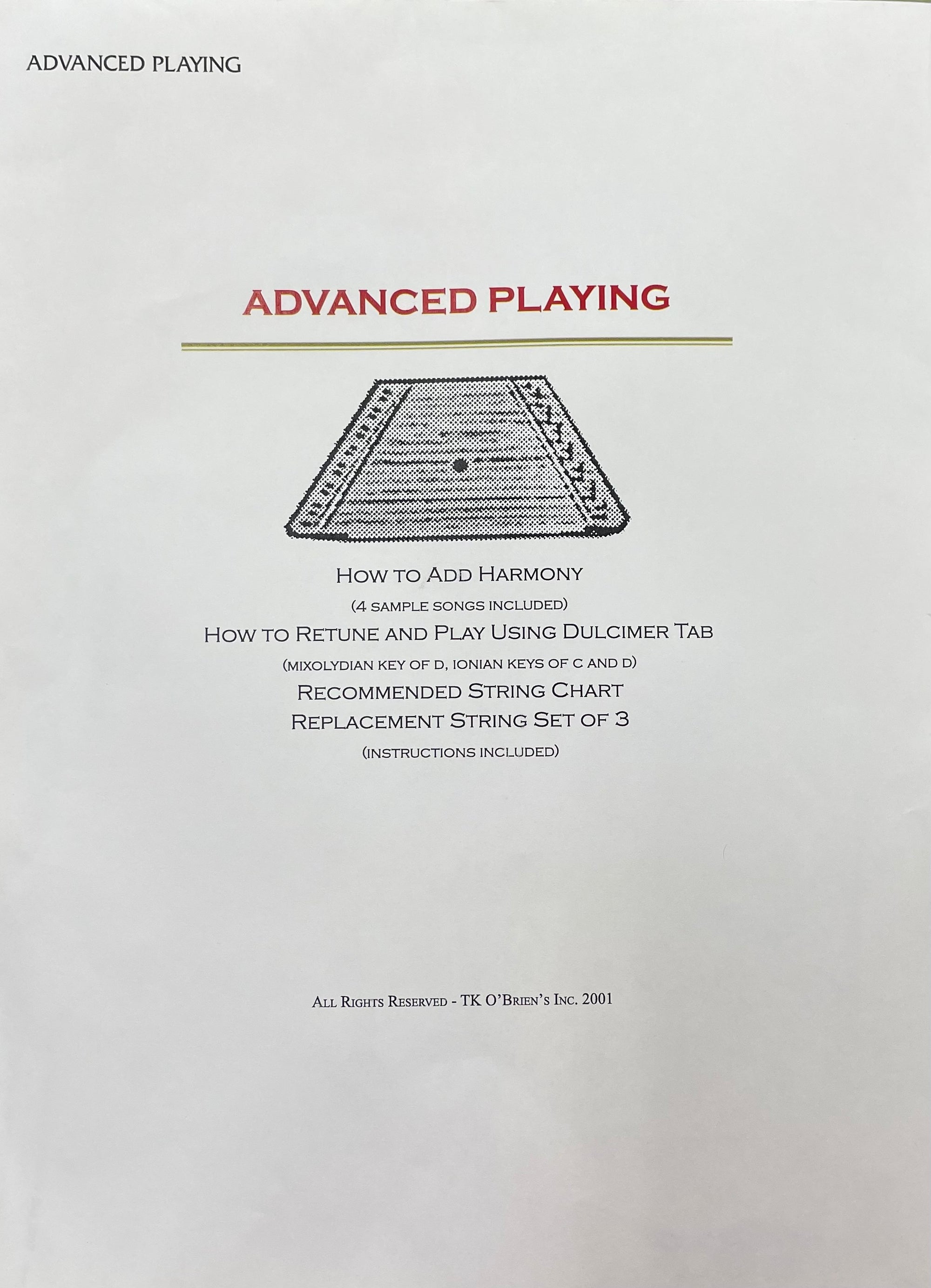 Cover page of a music book titled "Advanced Playing Lap Harp Packet," outlining sections on harmony, retuning, dulcimer tab, replacement string charts, and instructions. Published by TK O'Brien's Inc. in 2001.