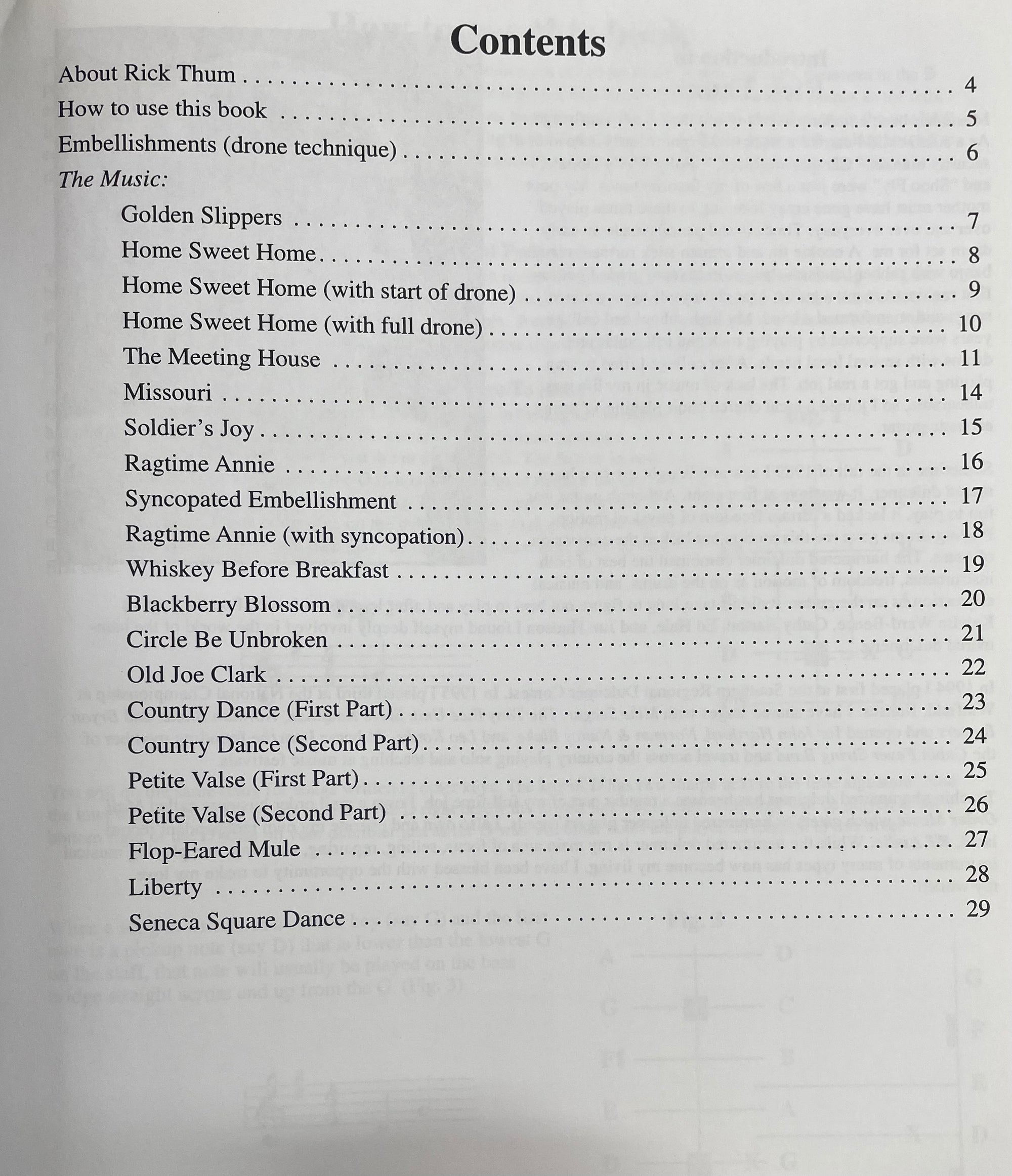 Contents page of a music book listing "Hammered Fiddle Tunes by Rick Thum," using the hammered dulcimer, embellishments, and 23 songs, including traditional American fiddle tunes like "Golden Slippers," "Home Sweet Home," and "Ragtime Annie," with corresponding page numbers.