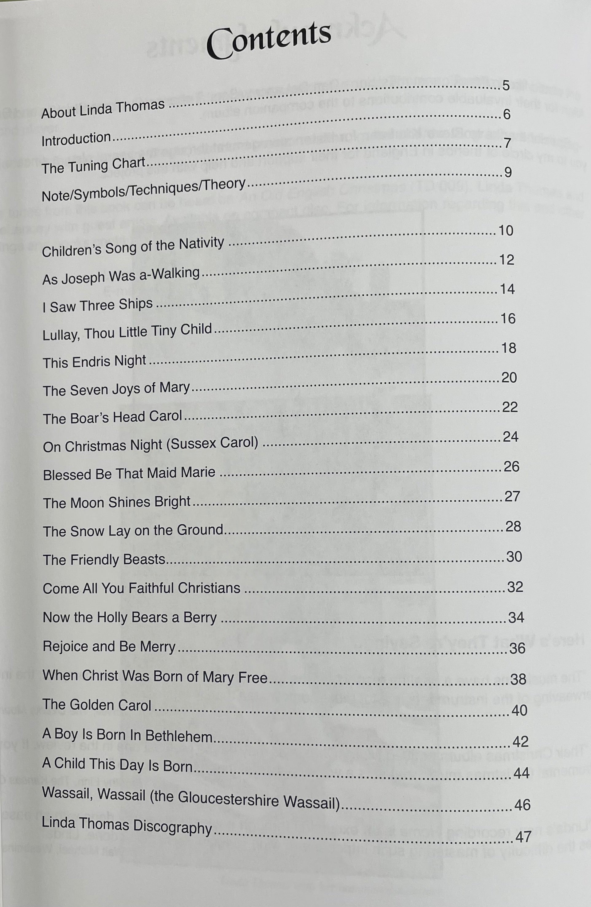 Table of contents for *An Old English Christmas for Hammered Dulcimer by Linda Thomas*, listing various carols and their page numbers, such as "Children's Song of the Nativity" on page 10 and "The Boar's Head Carol" on page 18, featuring arrangements in standard notation.