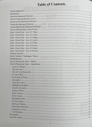 Embellishments for Hammered Dulcimer by Linda Thomas page showing chapters on hammered dulcimer, scales in various keys, tuning, tips, symbols, techniques, playing basic melodies and decorative embellishments. Ending with discography, author information, and an online audio component.