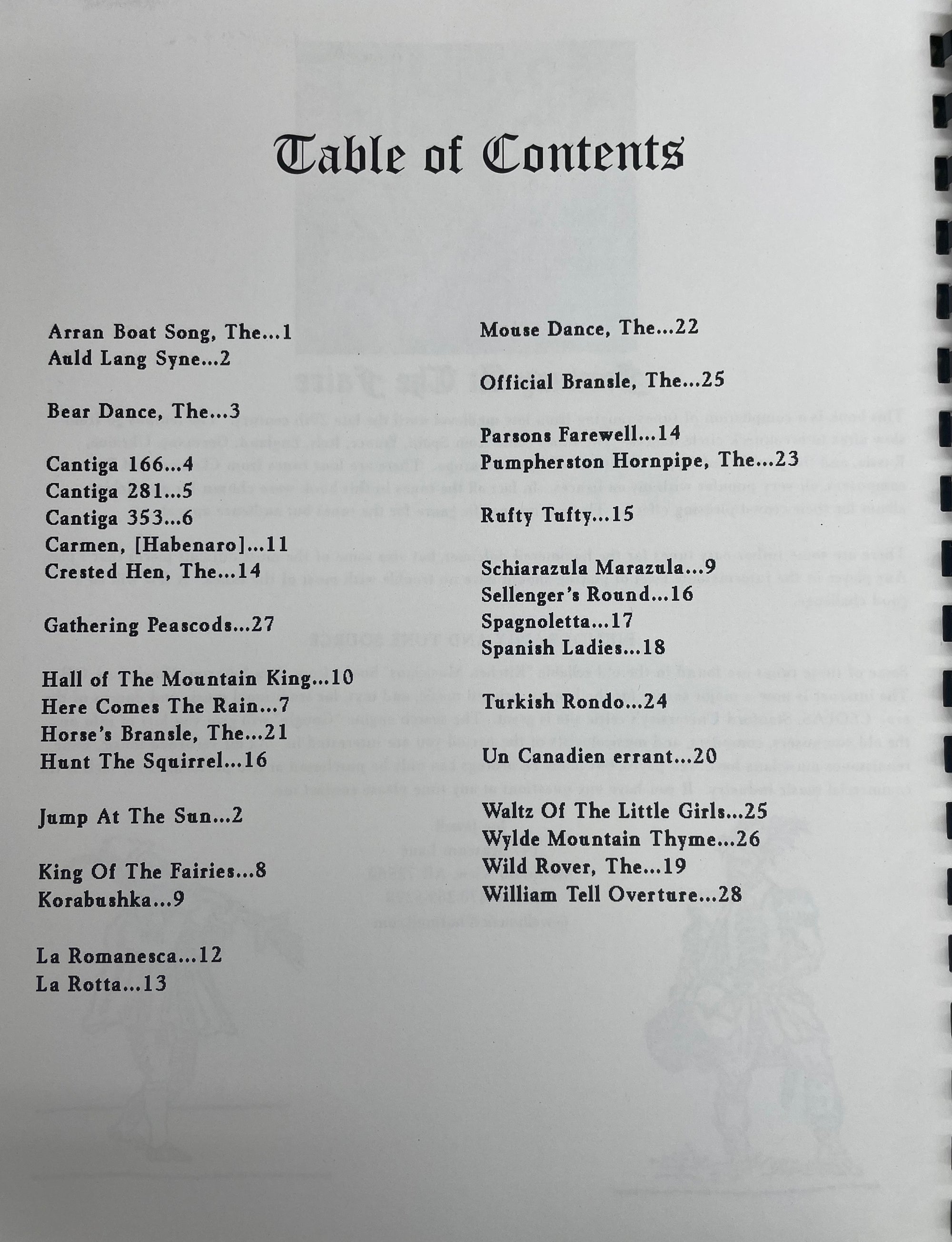 A spiral-bound book open to a Table of Contents page with titles and corresponding page numbers, including "Arran Boat Song, The" on page 1 and "William Tell Overture" on page 28. Perfect for those at an intermediate skill level, Fantasy at the Faire by Joe Jewell features engaging medieval tunes ideal for hammered dulcimers.