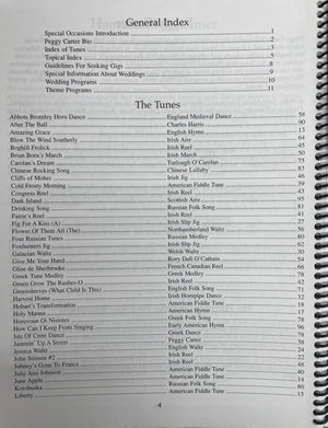 Hammered Dulcimer for Special Occasions by Peggy Carter showing "General Index" and "The Tunes" sections. Page numbers are listed for different tunes like "Abbots Bromley Horn Dance" and "Arkansas Traveler," perfect for weddings or traditional dances.