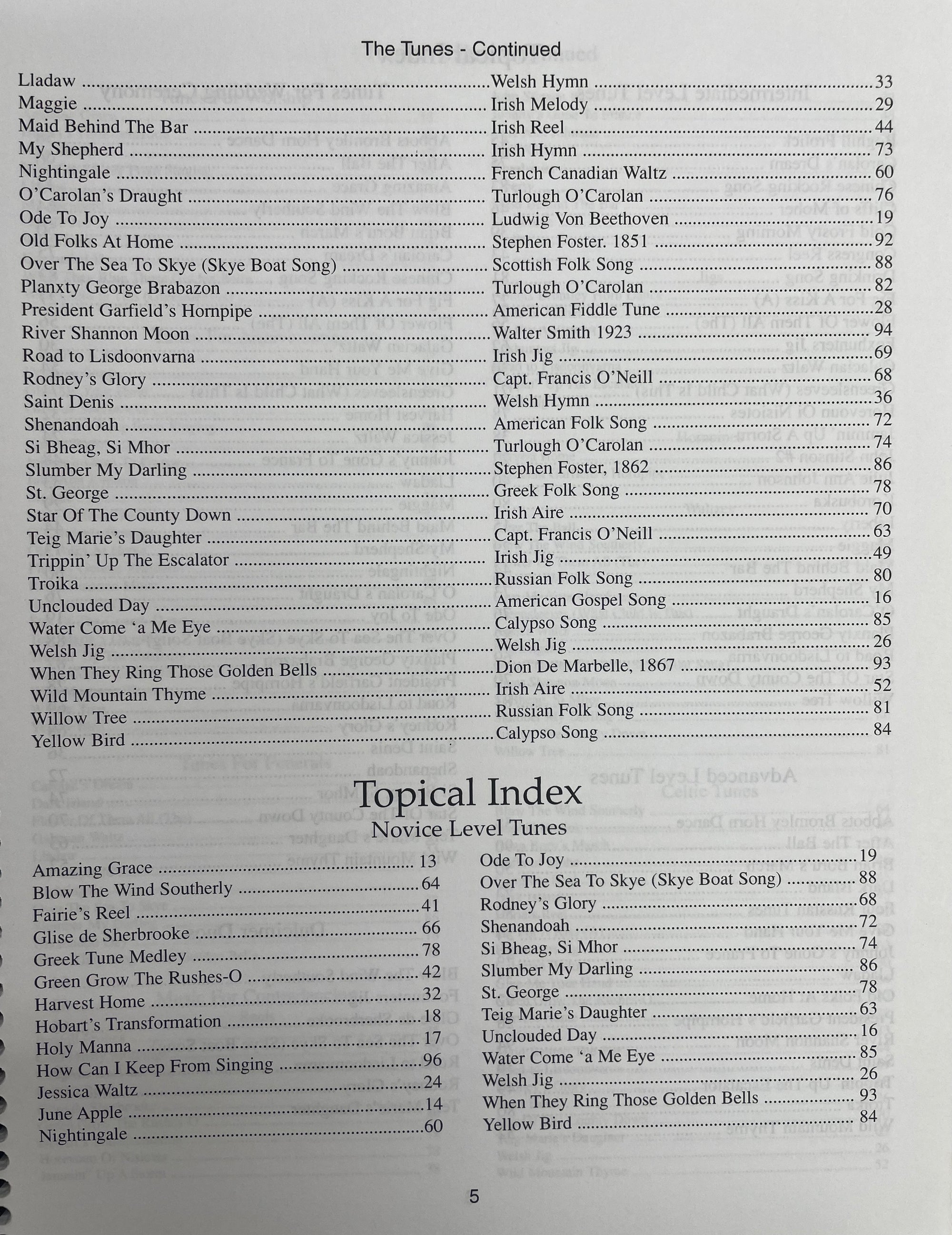 A contents page of Hammered Dulcimer for Special Occasions by Peggy Carter, listing tunes such as "Liadov," "My Shepherd," and "Give The Fiddler A Dram," along with a topical index of novice level tunes like "Amazing Grace" and "Greensleeves." Perfect for weddings, this collection features dances and melodies to set the celebratory mood.