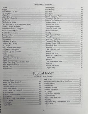 A contents page of Hammered Dulcimer for Special Occasions by Peggy Carter, listing tunes such as "Liadov," "My Shepherd," and "Give The Fiddler A Dram," along with a topical index of novice level tunes like "Amazing Grace" and "Greensleeves." Perfect for weddings, this collection features dances and melodies to set the celebratory mood.
