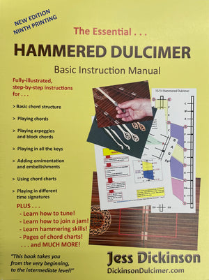 Cover of "The Essential Hammered Dulcimer Manual by Jess Dickinson" promoting step-by-step instructions, using chord charts, and playing techniques. The text highlights learning tools and Jess Dickinson's website.