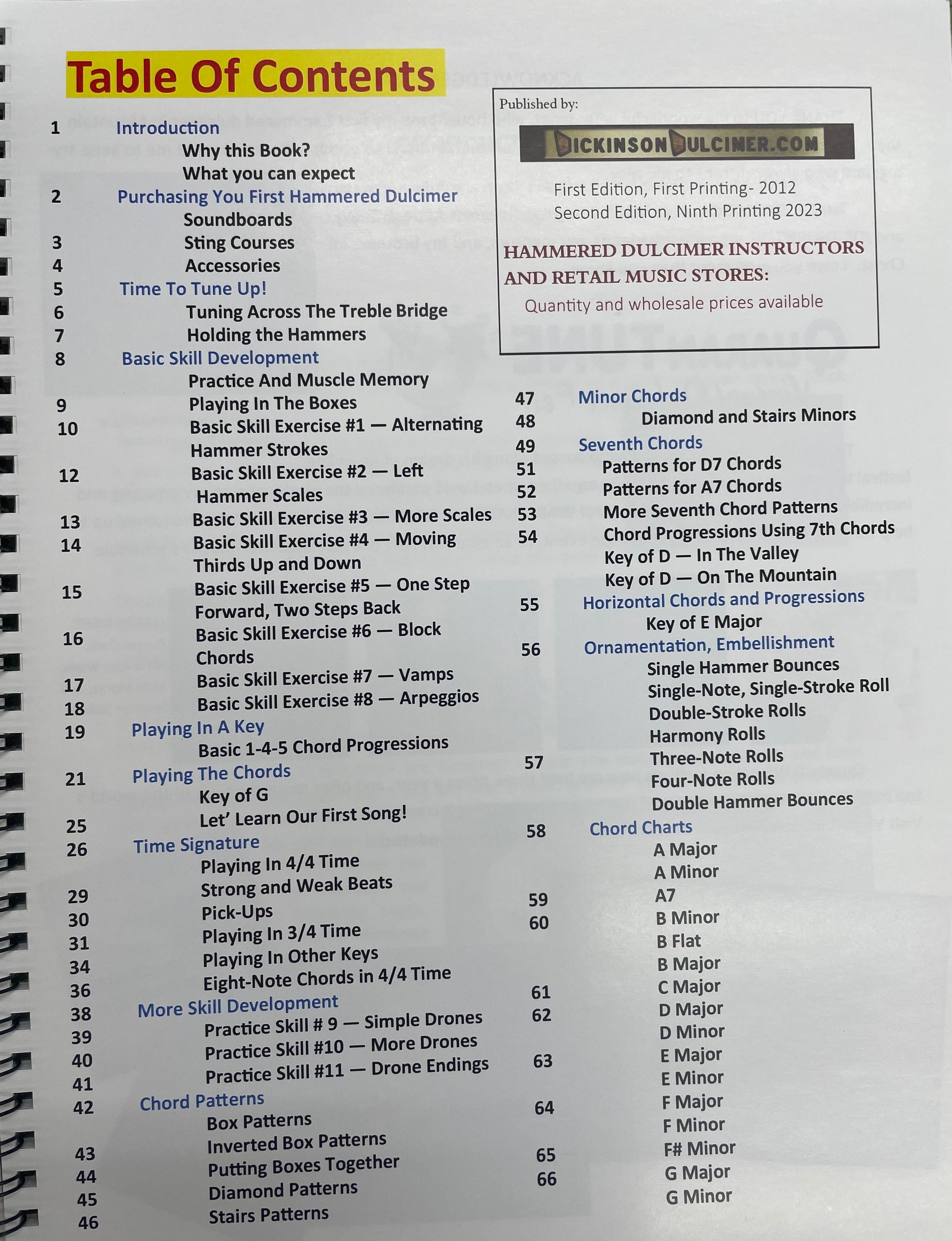 Table of contents for *The Essential Hammered Dulcimer Manual by Jess Dickinson*, covering topics such as introduction, purchasing, tuning your instrument, basic skills, exercises, and chords. Featuring sections with drills for playing arpeggios and song practice to perfect your chord structure.