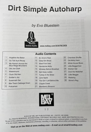 Cover of the "Dirt Simple Autoharp by Evo Bluestein," an instruction book featuring simple strumming patterns, a list of 23 songs, and an online audio access link. Published by Mel Bay Publications.