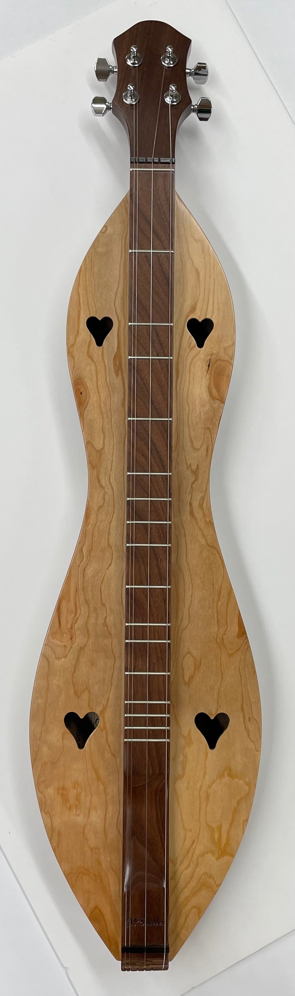 A handcrafted 4 String Ginger, Flathead Hourglass with Walnut back and sides and Cherry top (4FGWC) with heart-shaped sound holes, four strings, and tuning pegs positioned at the headstock.