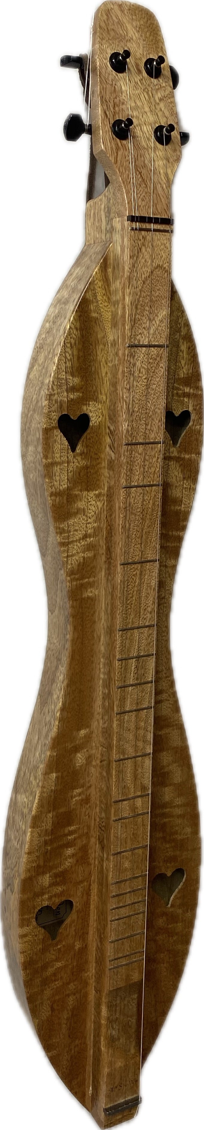 The Mango Mango Dulcimer is a wooden string instrument featuring four tuning pegs, heart-shaped sound holes, and a long fretboard marked with 4FHMgMg.