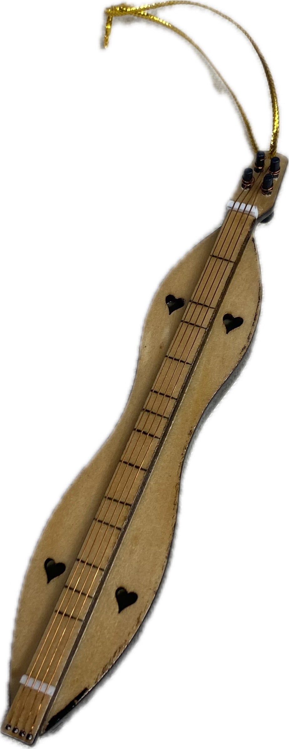 The Mountain Dulcimer Ornament features a curved wooden body, heart-shaped cutouts, six strings, and a yellow hanging cord.