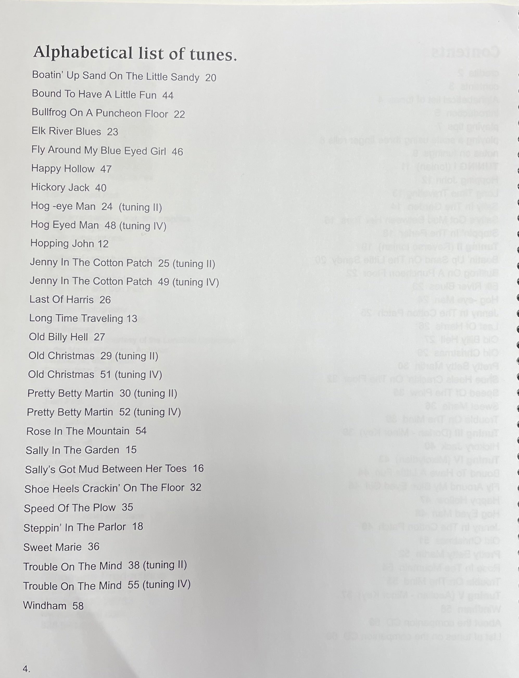 The product "Bound to Have a Little Fun!" by Don Pedi offers an alphabetical list of tunes, including titles such as "Boatin’ Up Sand On The Little Sandy," "Bound To Have A Little Fun," and "Bullfrog On A Puncheon Floor." It also features page numbers, tuning notes, and some tracks from classic mountain dulcimer CDs.