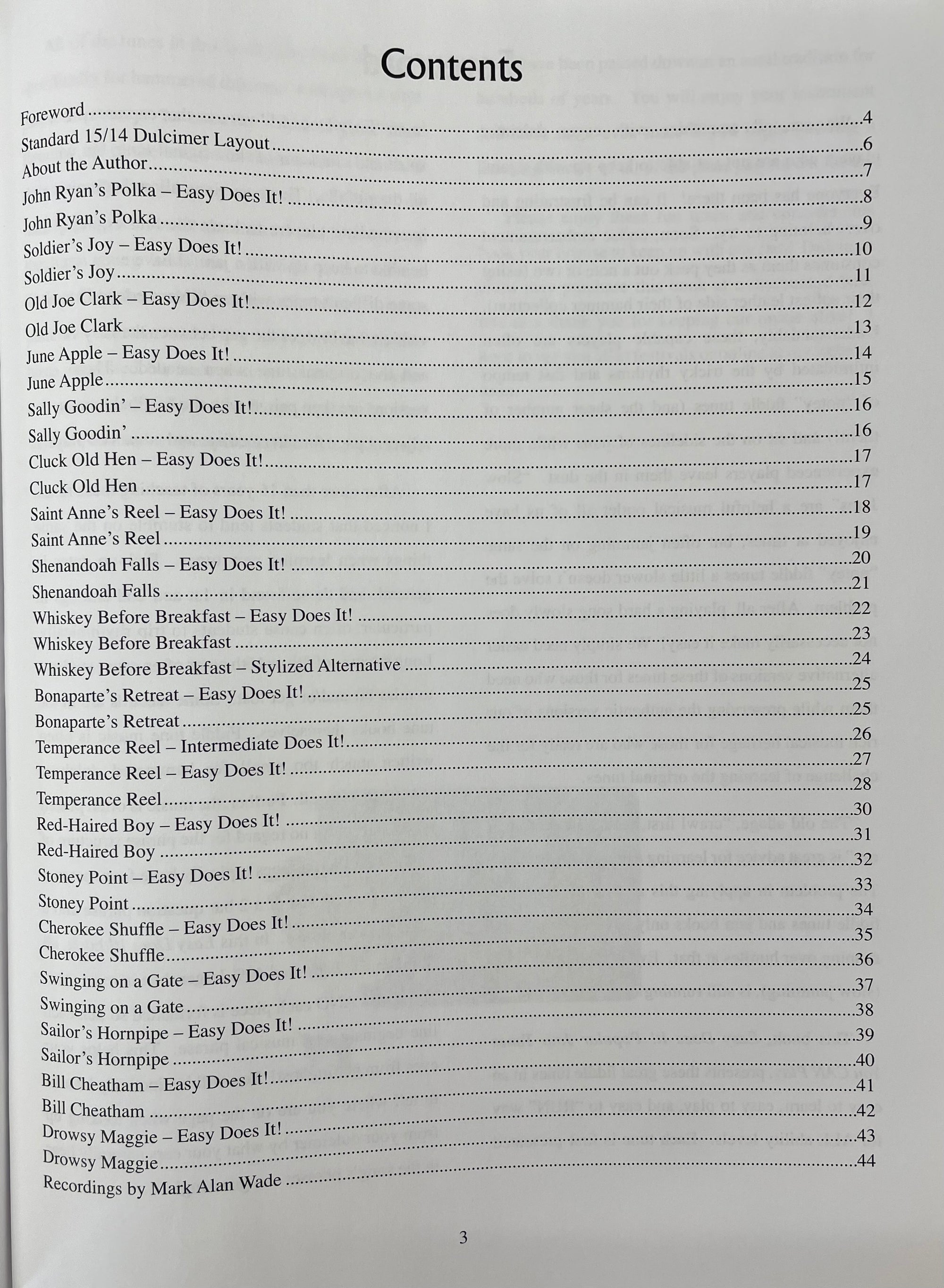 Table of contents from "Easy Does It! Popular Jam Tunes For Hammered Dulcimer" by Dr. Mark Alan Wade, listing various fiddle tunes and exercises for the hammered dulcimer, displayed across two columns with page numbers.
