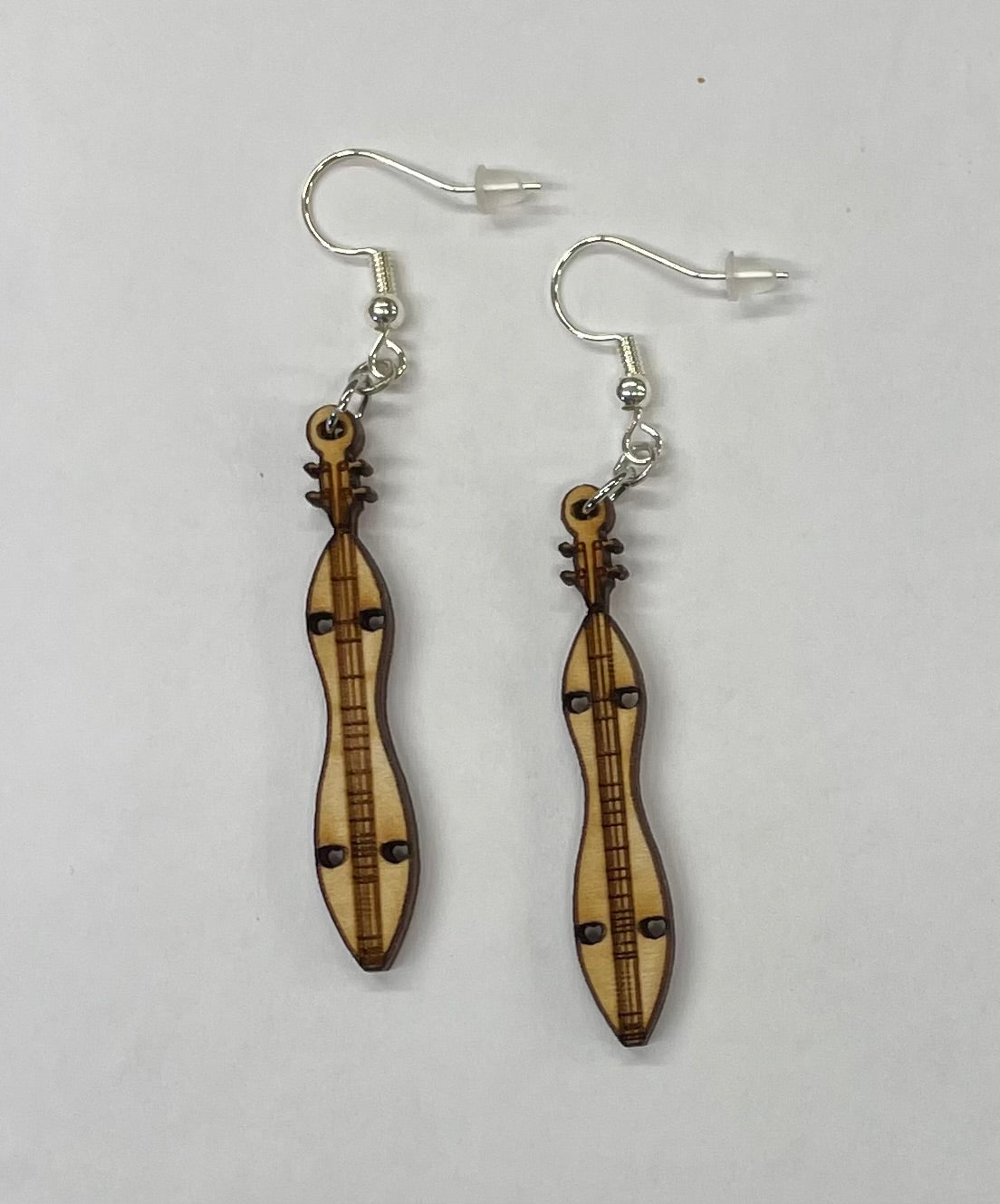 A pair of 1-3/4 inch Mountain Dulcimer Wood Earrings with metal hooks, perfect for pierced ears, displayed on a white background.