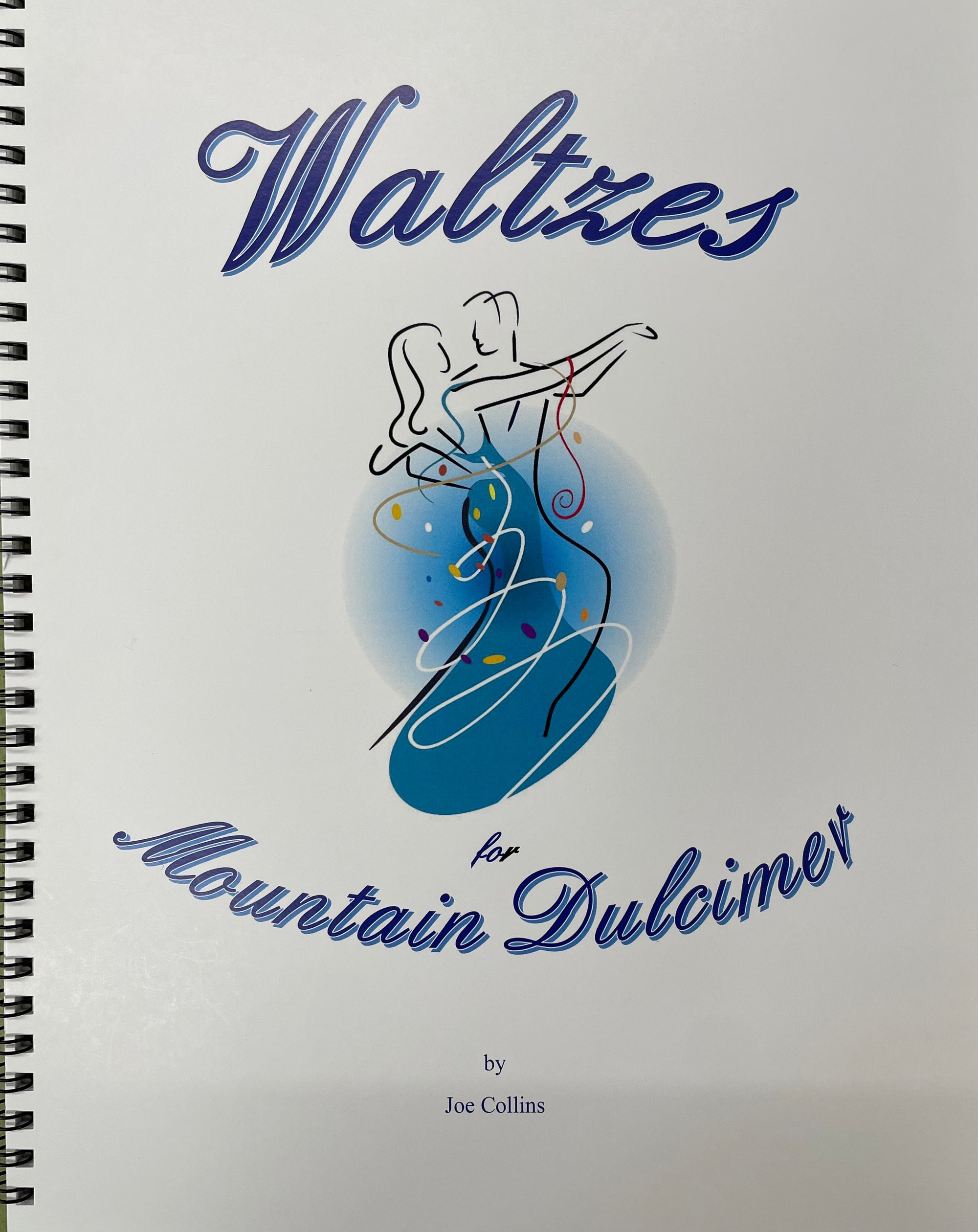 Cover image of the book "Waltzes for Mountain Dulcimer by Joe Collins," featuring an illustration of a dancing couple and easy-to-read tablature.