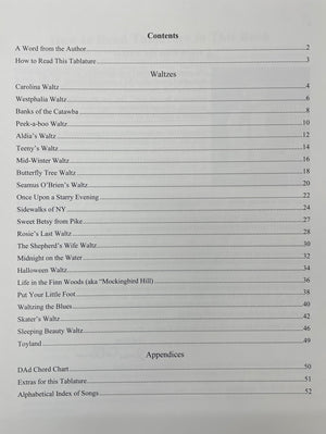 The book "Waltzes for Mountain Dulcimer by Joe Collins" includes a table of contents with sections on waltzes, featuring titles such as "Carolina Waltz," "Andy’s Waltz," and "Halloween Waltz." Additionally, it provides appendices with easy-to-read tablature, a chord chart, and an index of song titles.