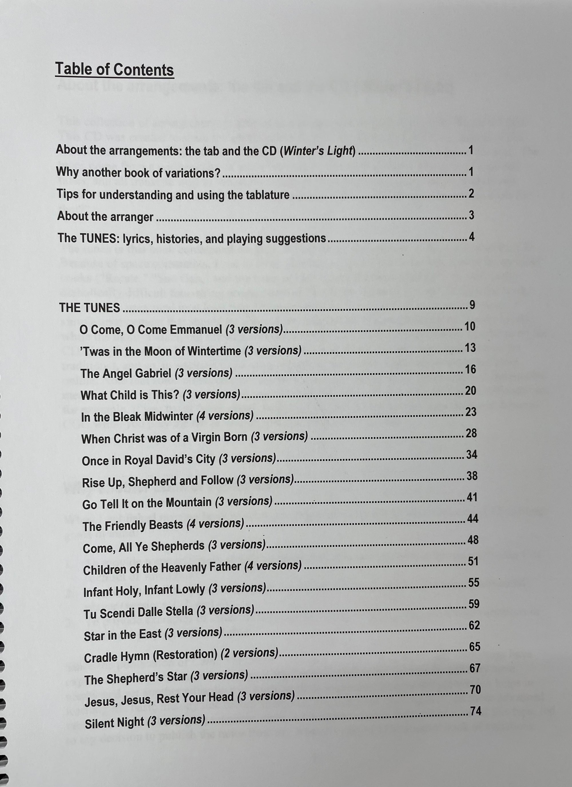 Table of contents listing music arrangements and related sections, with page numbers. Featuring winter season tunes and insights into song histories, this compilation is perfect for the mountain dulcimer enthusiast—introducing "Winter Variations" by Nina Zanetti.