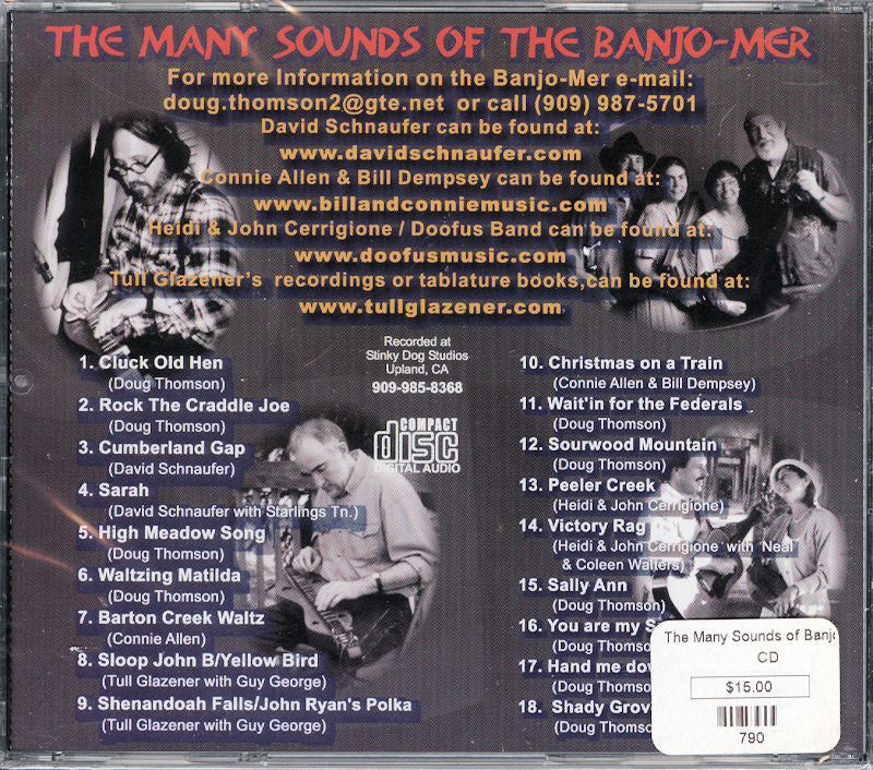 Back cover of "Many Songs of the Banjo-Mer Book With CD" by Doug Mattocks, featuring track listings, contact info, and photos of various musicians performing on the Dulci-Banjo.