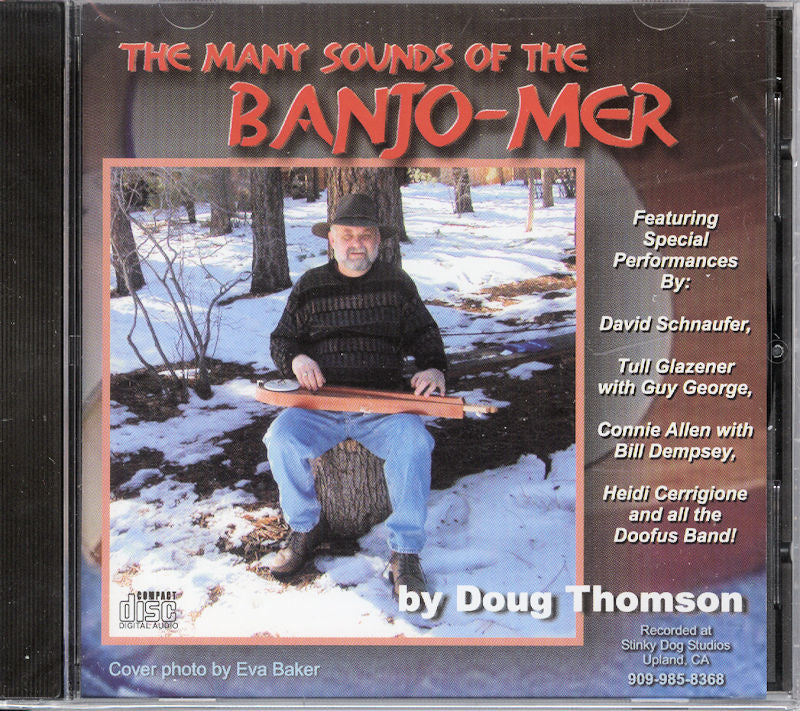 Man sitting on bench holding a Many Songs of the Banjo-Mer Book With CD, with a CD cover text overlay for "The Many Sounds of the Banjo-Mer by Doug Thomson.