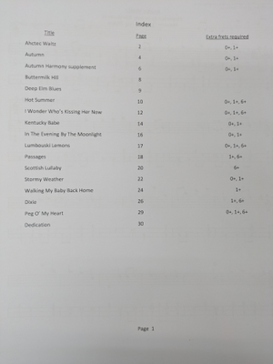 A table of contents page from “Thank You, Judy – Judy Klinkhammer” lists song titles and page numbers, features symbols showing when extra parts are needed for certain songs, and highlights Judy Klinkhammer’s mountain dulcimer arrangements, printed on white paper.