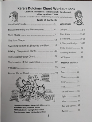 Table of contents page from Kara’s Chord Workout Book for Mountain Dulcimer - Barnard, featuring lesson titles, chord workouts, and melody studies designed to develop muscle memory and explore diverse chord shapes, with an illustration of animals playing instruments at the bottom.
