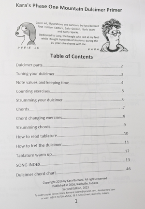 A printed table of contents page titled “Phase One Mountain Dulcimer Primer - Barnard” features cartoon illustrations of two animals at the top, inviting you to learn music and start your journey with the mountain dulcimer.