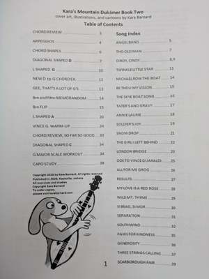 Table of contents page from “Kara’s Mountain Dulcimer Book 2 - Barnard,” a dulcimer book featuring a song index, topic headings, and a cartoon dog playing a mountain dulcimer in the bottom left corner.
