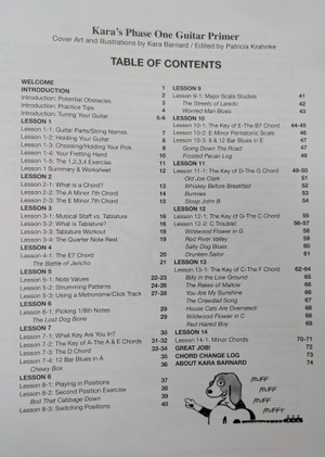 Table of contents for Kara’s Phase One Guitar Primer - Barnard: lessons organized by topic and page number, featuring a cheerful cartoon dog with a guitar in the bottom right corner—a fun, friendly introduction to make learning music easy.