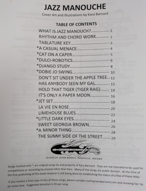Table of contents page from “Jazz Manouche for the Mountain Dulcimer - Barnard,” featuring song titles and topics from pages 2 to 29—ideal for advanced players interested in exploring gypsy jazz on the mountain dulcimer.