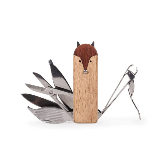 A stainless steel Fox Manicure Set shaped like a fox, featuring various tools extended, isolated on a white background.