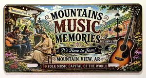 Vanity Plates -NEW! feature a colorful design with people playing instruments and text that reads “Mountains Music Memories,” “Mountain View, AR,” and “Folk Music Capital of the World.” A mountain dulcimer and other symbols of folk music appear in the guitar and music store backdrop, celebrating the vibrant musical heritage of Mountain View, Arkansas.