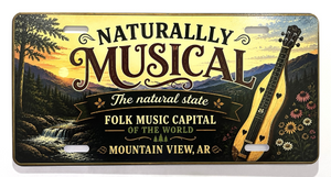 Show off your love for folk music and the charm of Mountain View with our Vanity Plates - NEW! This decorative license plate features a stunning mountain sunset, trees, and a mountain dulcimer. The text reads: “Naturally Musical, The Natural State, Folk Music Capital of the World, Mountain View Arkansas.” Perfect for any folk music fan or anyone who appreciates unique Mountain View memorabilia.