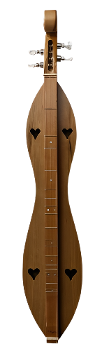 A wooden stringed musical instrument with an elongated hourglass shape, featuring heart-shaped sound holes and a fretboard adorned with the Standard SET of Mother of Pearl Inlay Dots, complete with tuning pegs on top.