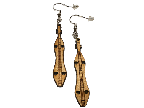 Mountain Dulcimer Wooden Earrings featuring wooden bodies shaped like stringed instruments, detailed strings, and heart-shaped sound holes.
