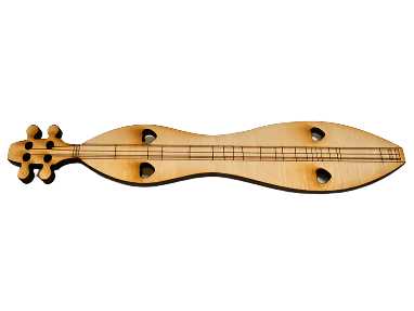 A Mountain Dulcimer Wooden Magnet featuring heart-shaped sound holes and four tuning pegs, displayed from above on a white background.