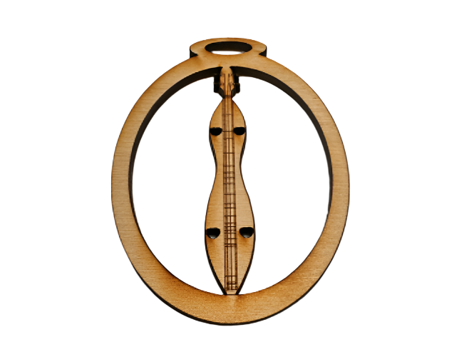 A wooden ornament featuring a mountain dulcimer musical instrument at its center.
