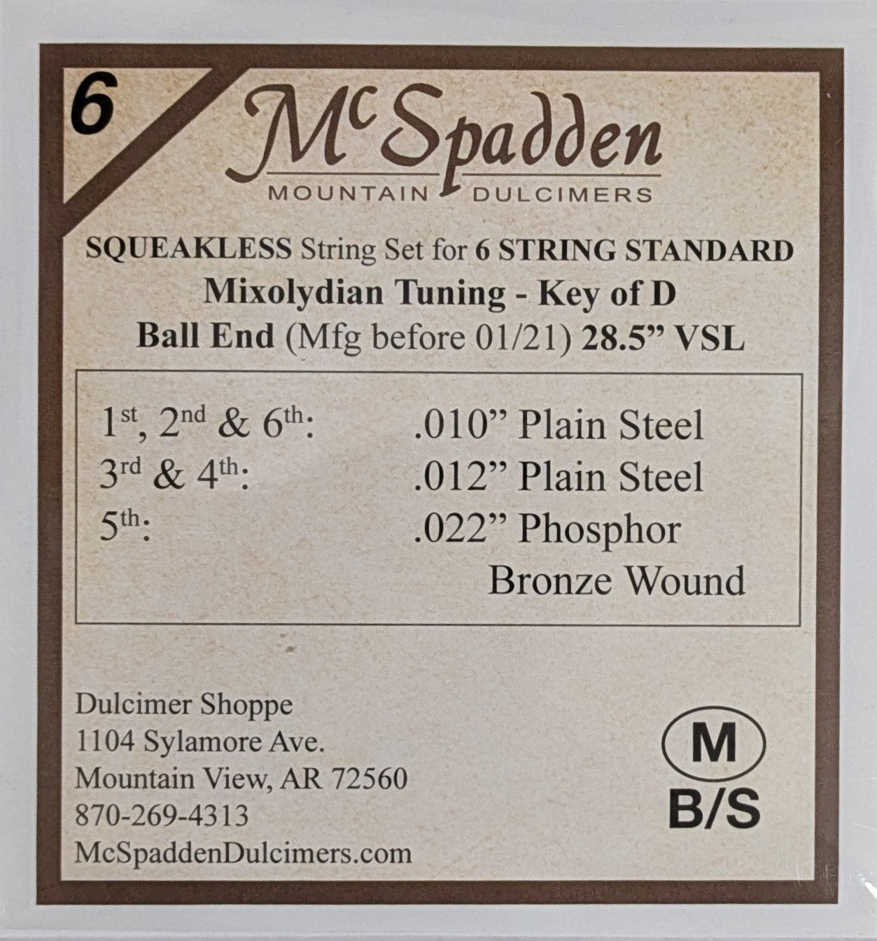 The 6 String Squeakless Standard Mixolydian String Set with BALL End includes options for Mixolydian tuning in Key of D, featuring Plain Steel and Phosphor Bronze Wound materials, various string gauges, and easy installation. Contact info at the bottom.