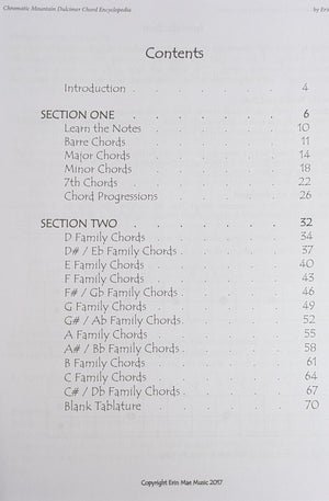 The *Chromatic Mountain Dulcimer Chord Encyclopedia by Mae* features a table of contents with sections on notes, chords, progressions, chord charts, families, and blank tablature—an essential guide for dulcimer players.