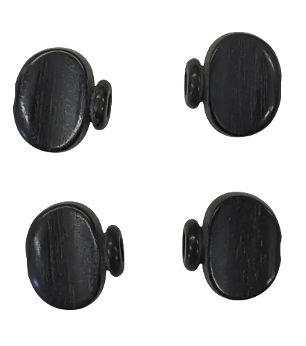 Four black, oval-shaped Ebony Tuner Knob Upgrade-Scroll Head ONLY pieces, featuring side holes and reminiscent of ebony knobs, are arranged in a square pattern on a white background.
