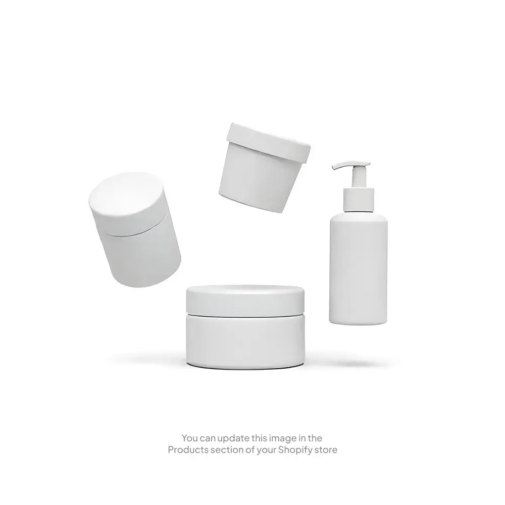 Four "test addons" blank white cosmetic containers, including jars and a pump bottle, are displayed on a white background.