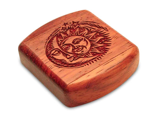 Wooden square tile with a sun face carving from the 2" Sun and Moon Padauk Secret Box.
