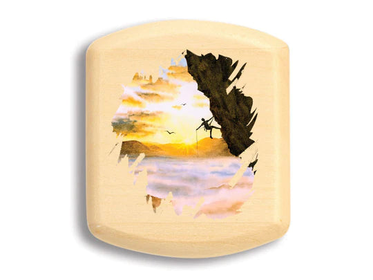 A watercolor painting of a scenic landscape at sunset, silhouetting a person and birds, is organized on a 2" Mountaineering Aspen Secret Box amid other artistic displays.