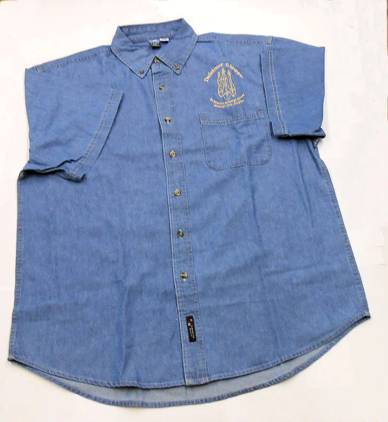 A blue denim shirt with a gold emblem on it, available in a variety of colors and sizes.