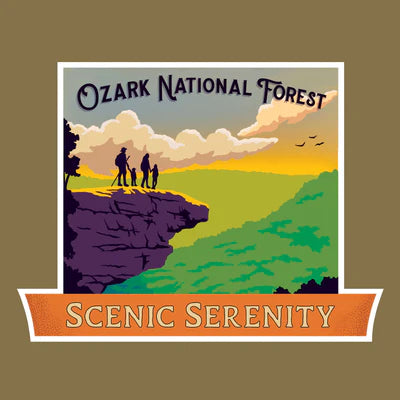 Illustration of Ozark National Forest with people on a cliff, overlooking a green valley at sunset. Text reads: "The Scented Palette Candle: Scenic Serenity." Part of the exclusive Ozark Collection.