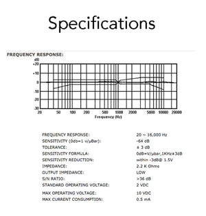Specifications sheet showing a frequency response graph and technical details—frequency response, sensitivity, impedance, power requirements, SNR—ideal for natural sound with the Myers The Grip 3" Pickup - External for flexible micro-gooseneck or string instrument grip.